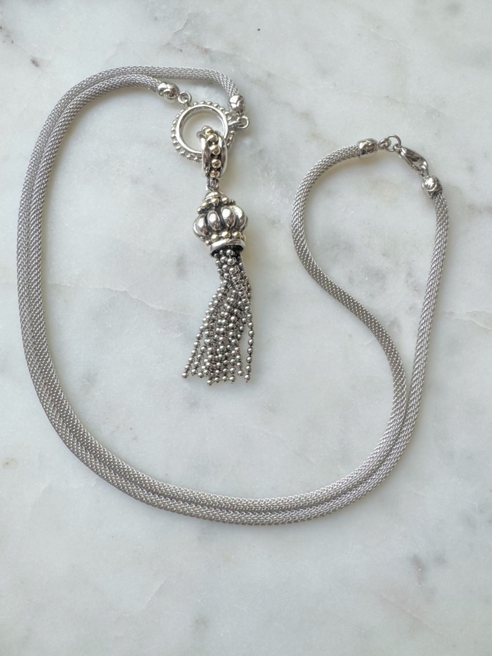 Silver Mesh Chain Necklace with Detachable Two-tone Multi-Strand Tassel
